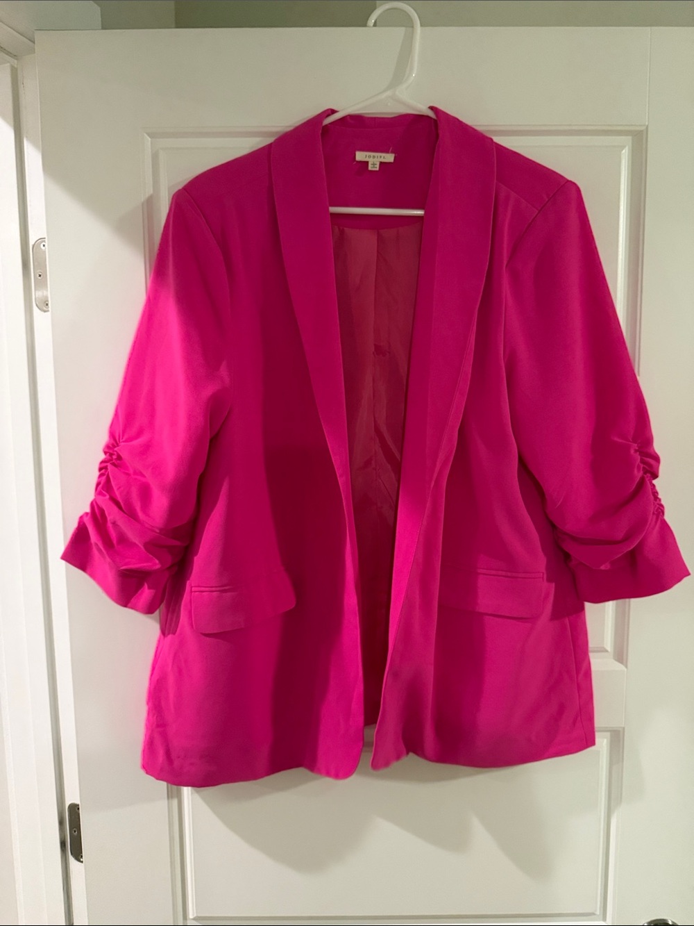 JODIFL Hot Pink Open-Front Blazer with Ruched Sleeves